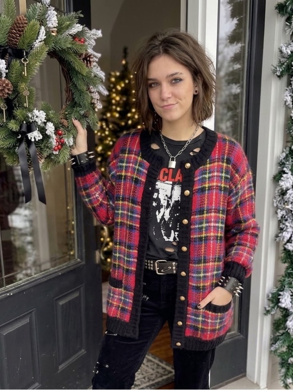 Vintage Mohair Blend Tartan Plaid Button Up Cardigan Sweater Size M